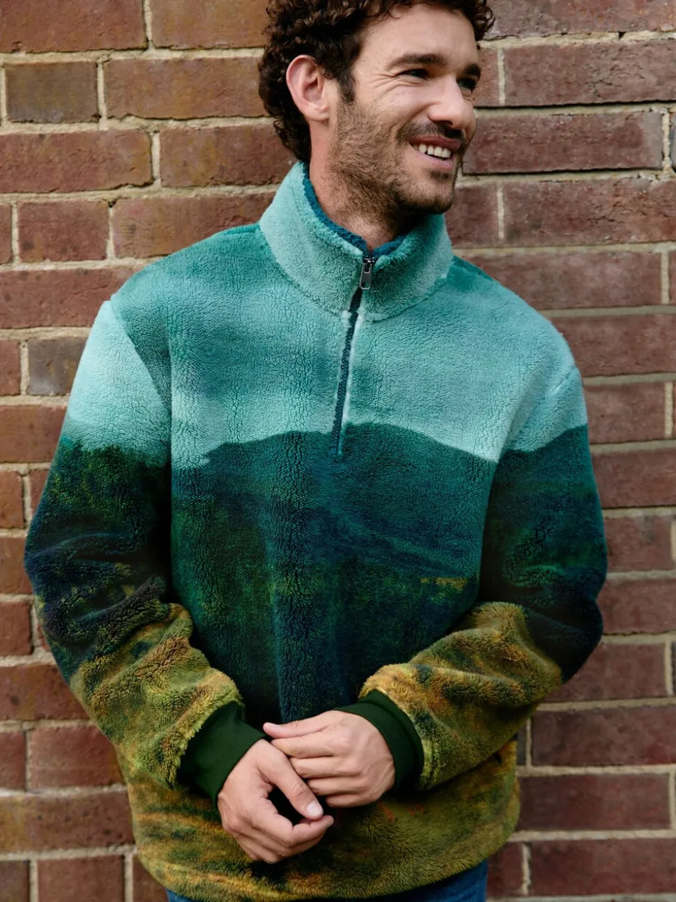 Green Deer Scene - Borg Fleece Zip Neck