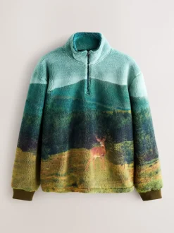 Green Deer Scene - Borg Fleece Zip Neck