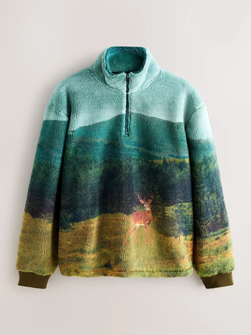 Green Deer Scene - Borg Fleece Zip Neck