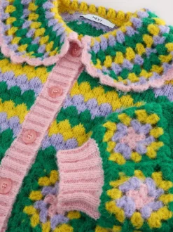 Green Multi Patch - Hand Crochet Collar Cardigan