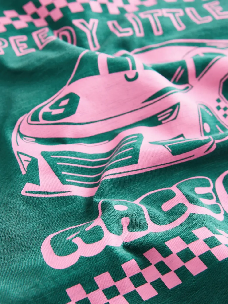 Green/Pink Race Car - T-shirt met korte mouwen en print op de rug (3mnd -7jr)