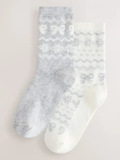 Grey Pretty Fairisle Pattern - 2 paar enkelsokken van wolmix