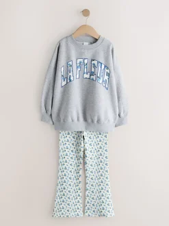 Grey/Blue Floral Slogan - Sweatshirt and Flare Leggings Set (3-16yrs)