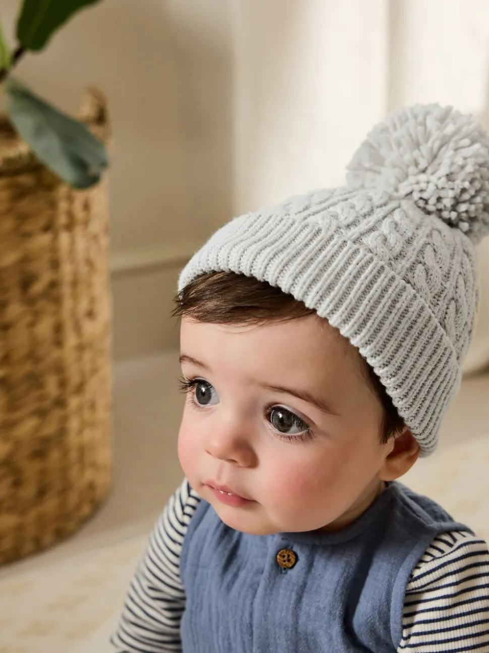 Grijs - Gebreide kabel Beanie-muts met pompom