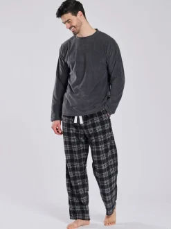 Grijs - Loungeable Fleece Check Trousers Pyjama Set