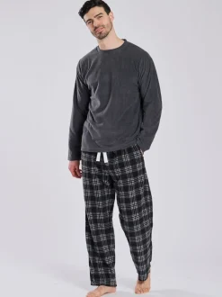 Grijs - Loungeable Fleece Check Trousers Pyjama Set