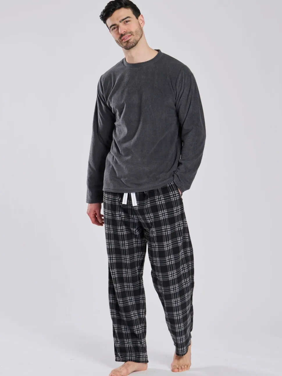 Grijs - Loungeable Fleece Check Trousers Pyjama Set