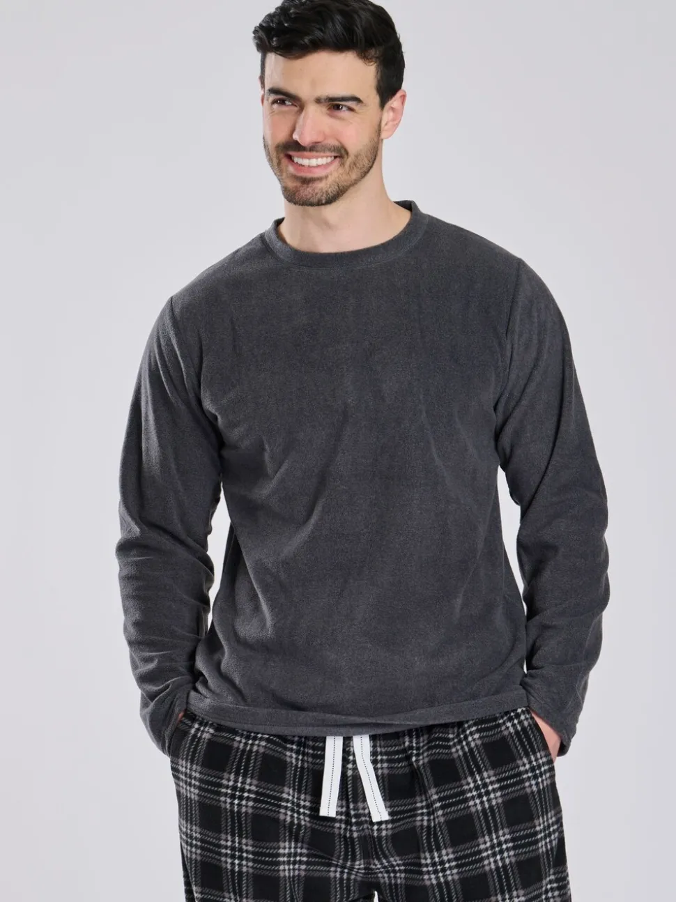 Grijs - Loungeable Fleece Check Trousers Pyjama Set