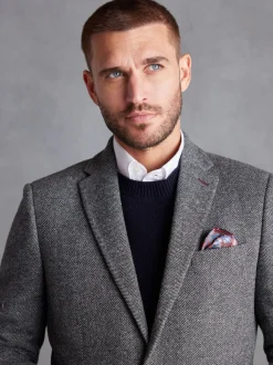 Grijs - Normale Pasvorm - Signature Nova Fides Blazer van wolblend met visgraatmotief