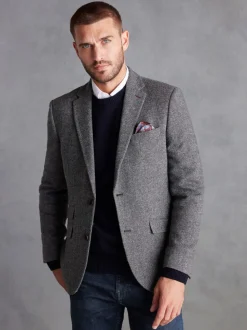 Grijs - Normale Pasvorm - Signature Nova Fides Blazer van wolblend met visgraatmotief