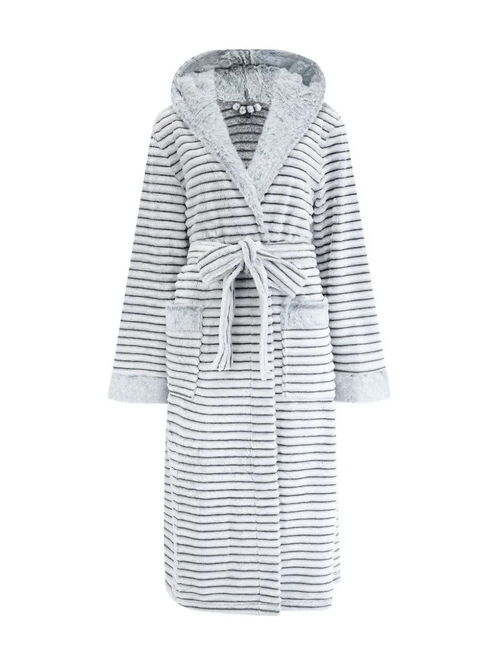 Grijs - Pour Moi Knusse Geribde Fleece Midi Badjas met Capuchon