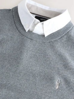 Grijs - Regular Fit getextureerde schijn-Oxford overhemdtrui