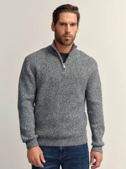 Grijs - Regular-fit gebreide trui met textuur en kwartrits bij de hals en wol