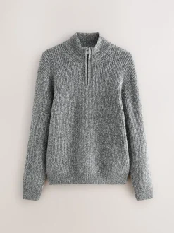 Grijs - Regular-fit gebreide trui met textuur en kwartrits bij de hals en wol