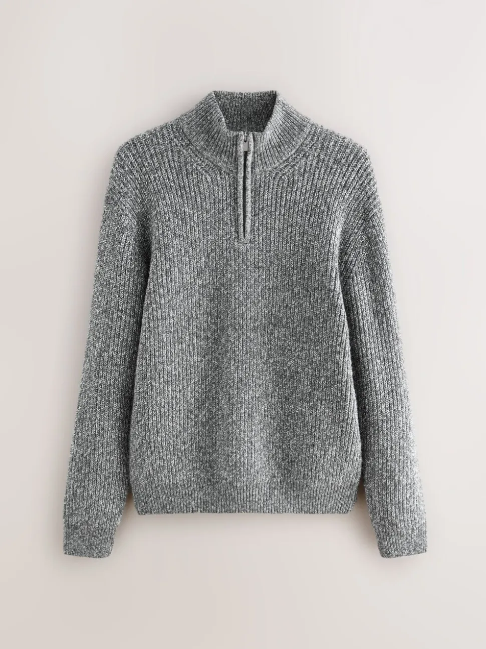 Grijs - Regular-fit gebreide trui met textuur en kwartrits bij de hals en wol
