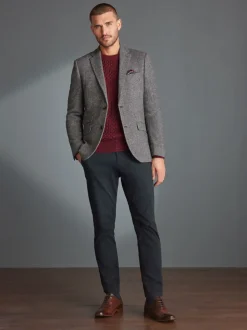 Grijs - Slim Fit - Signature Nova Fides Blazer van wolblend met visgraatmotief