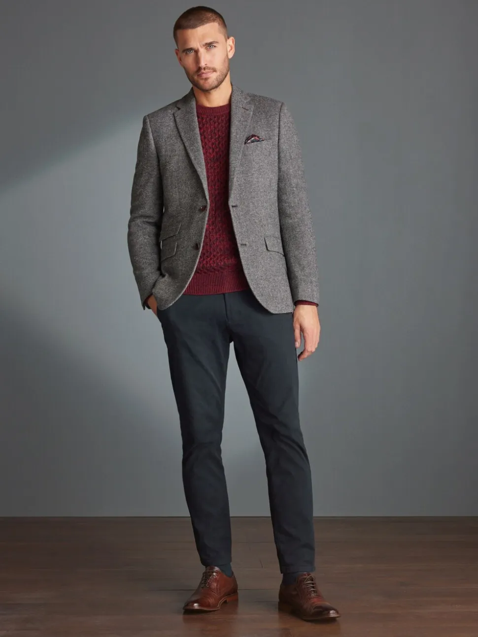 Grijs - Slim Fit - Signature Nova Fides Blazer van wolblend met visgraatmotief