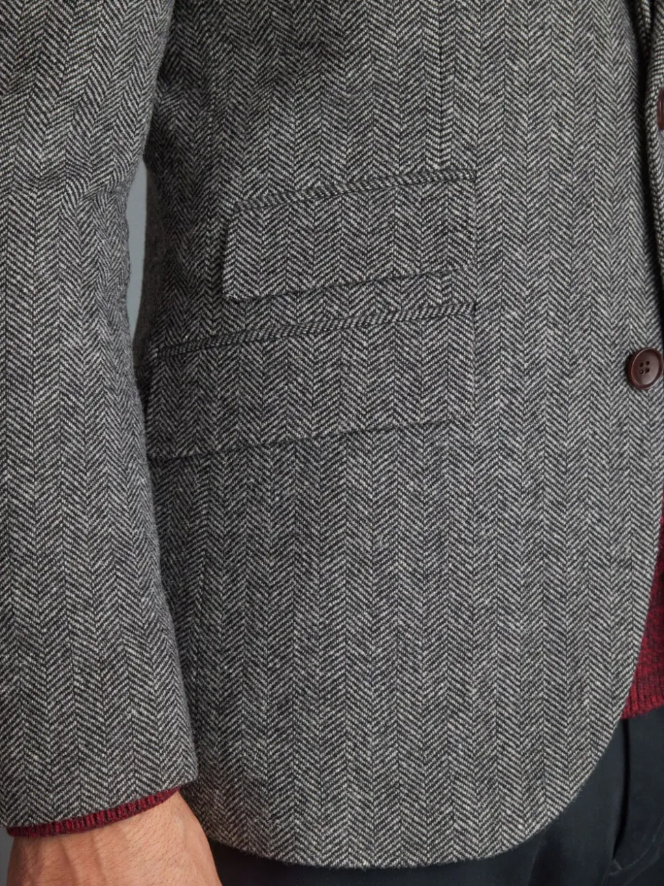 Grijs - Slim Fit - Signature Nova Fides Blazer van wolblend met visgraatmotief