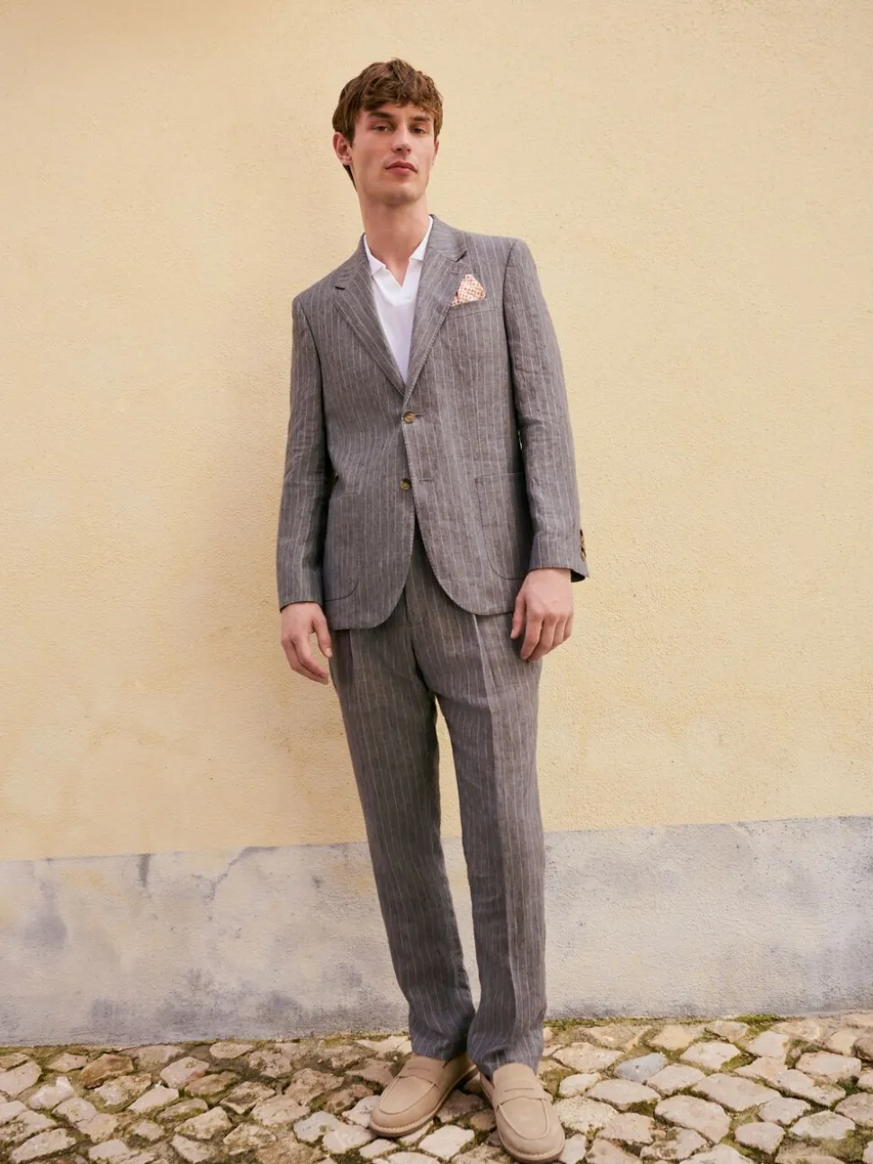 Grijs - Slim fit Signature Leomaster Italiaans gestreept linnen colbert