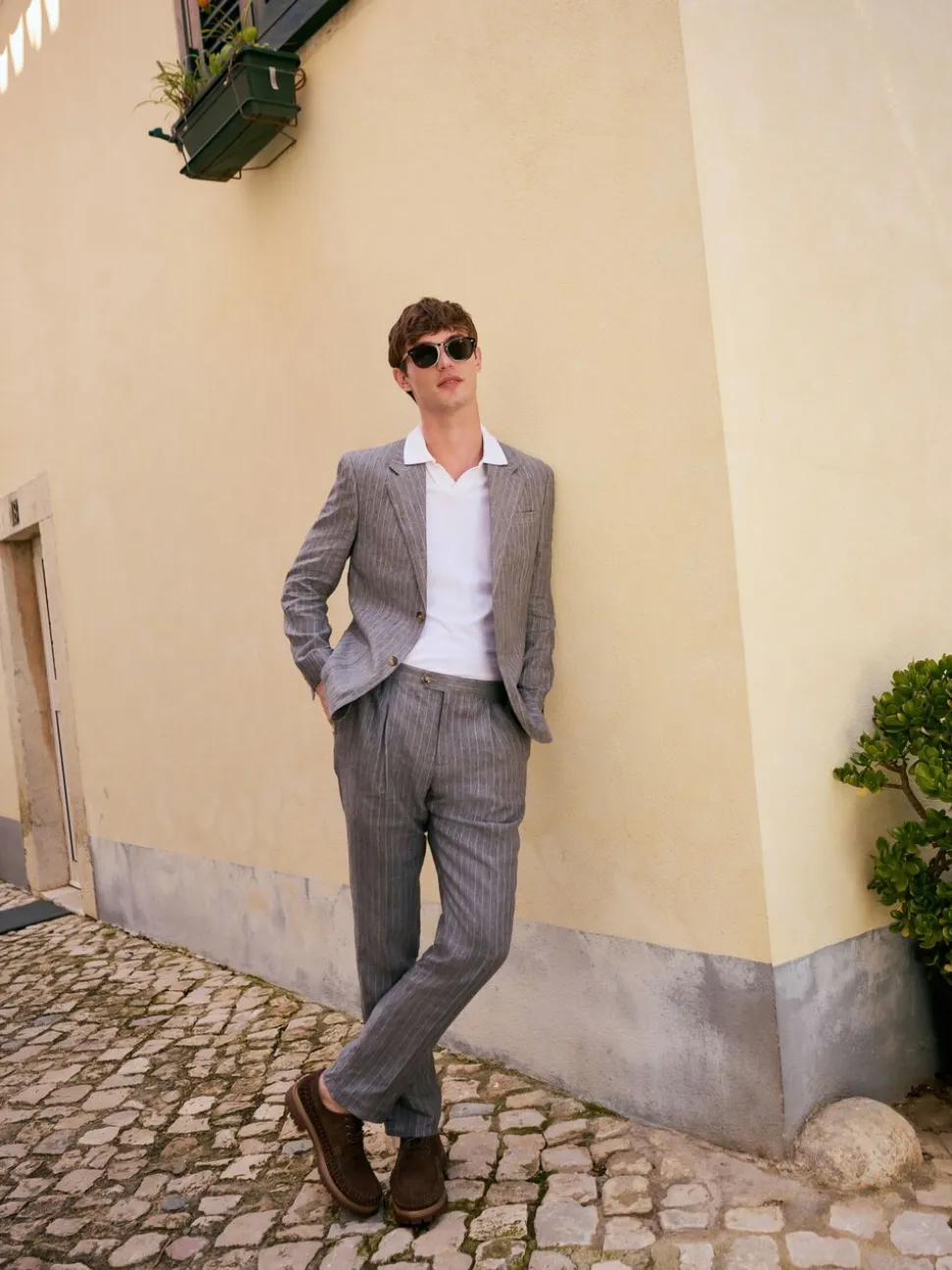 Grijs - Slim fit Signature Leomaster Italiaans gestreept linnen colbert