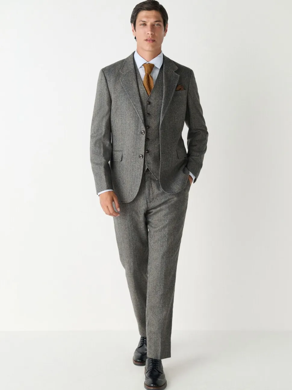 Grijs - Slim Fit Wool Blend Herringbone Stripe Suit Waistcoat