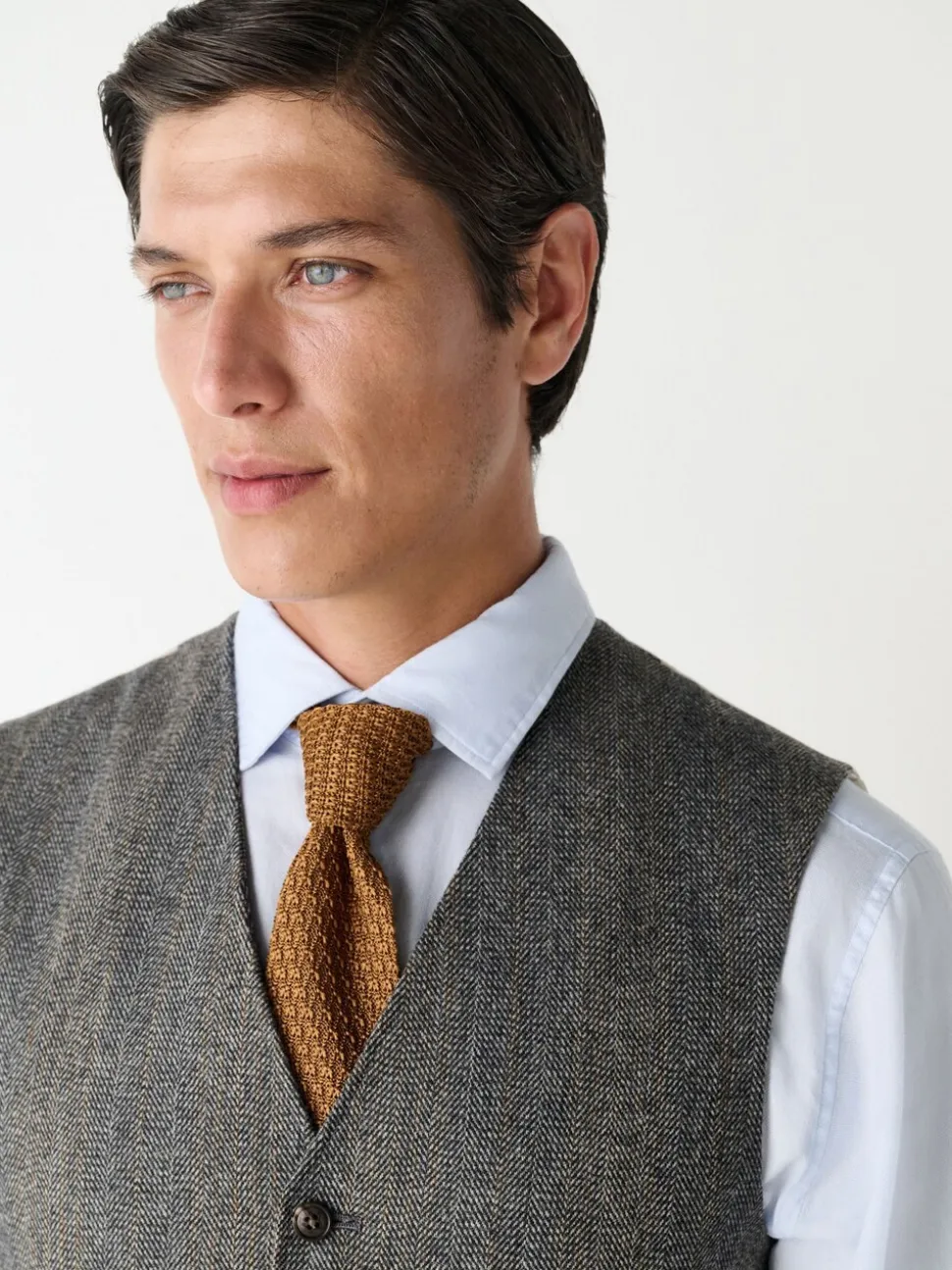 Grijs - Slim Fit Wool Blend Herringbone Stripe Suit Waistcoat