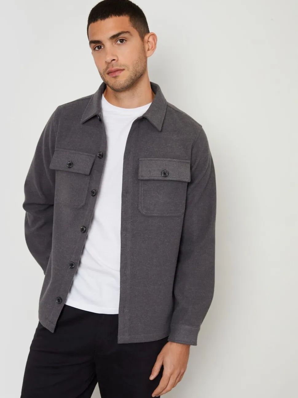 Grijs - Threadbare imitatiebont wollen knoopsluiting overshirt