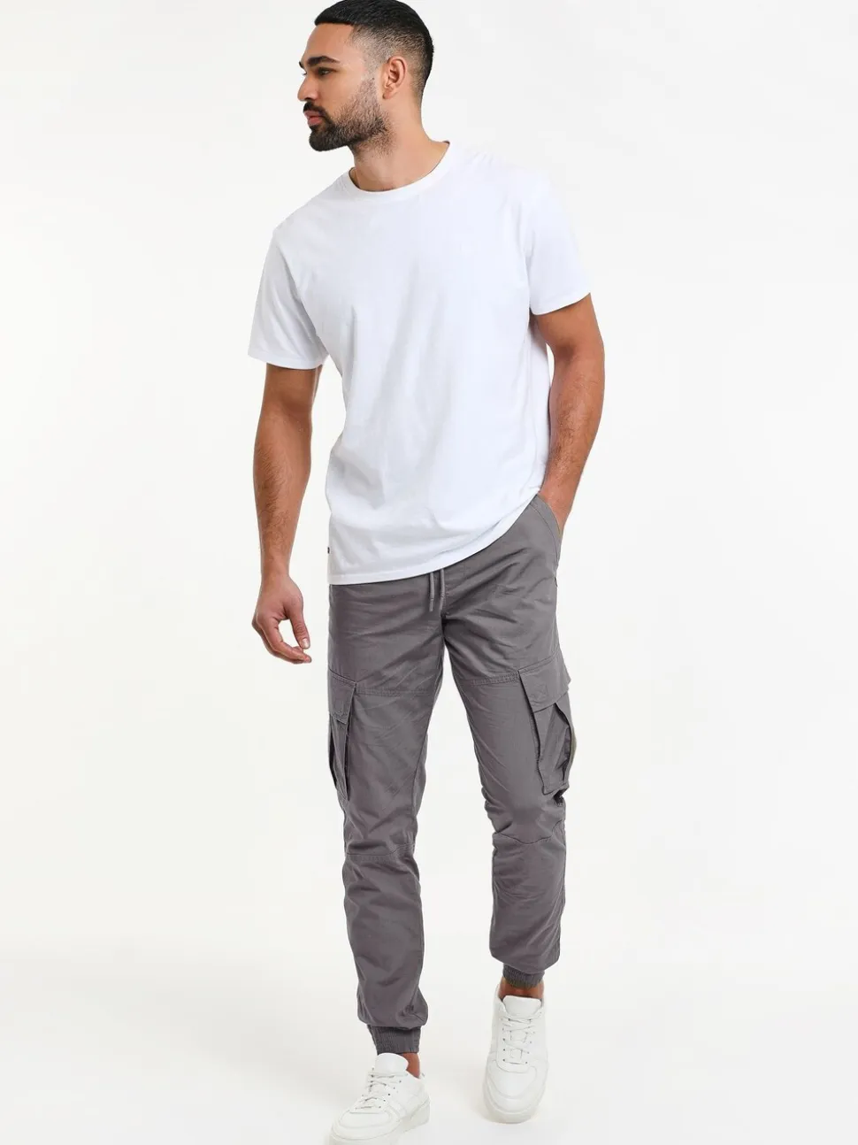Grijs - Threadbare slim-fit cargobroek met boorden en 100% katoen