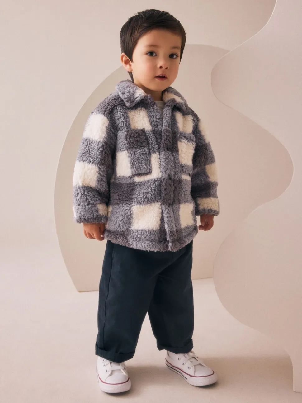 Grijs dambordpatroon - Fleece shacket van borg (3 mnd - 7 jr)