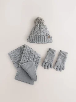 Grijs gebreid met kabels - Hoed, Handschoenen & Sjaals 3 delige Set (3-16jaar)