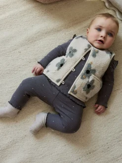 Grijs met bloemen - Babyset van top met Lange mouwen en Leggings met Bodywarmer 3 -delig (0mnd -2jr)