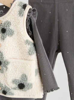 Grijs met bloemen - Babyset van top met Lange mouwen en Leggings met Bodywarmer 3 -delig (0mnd -2jr)