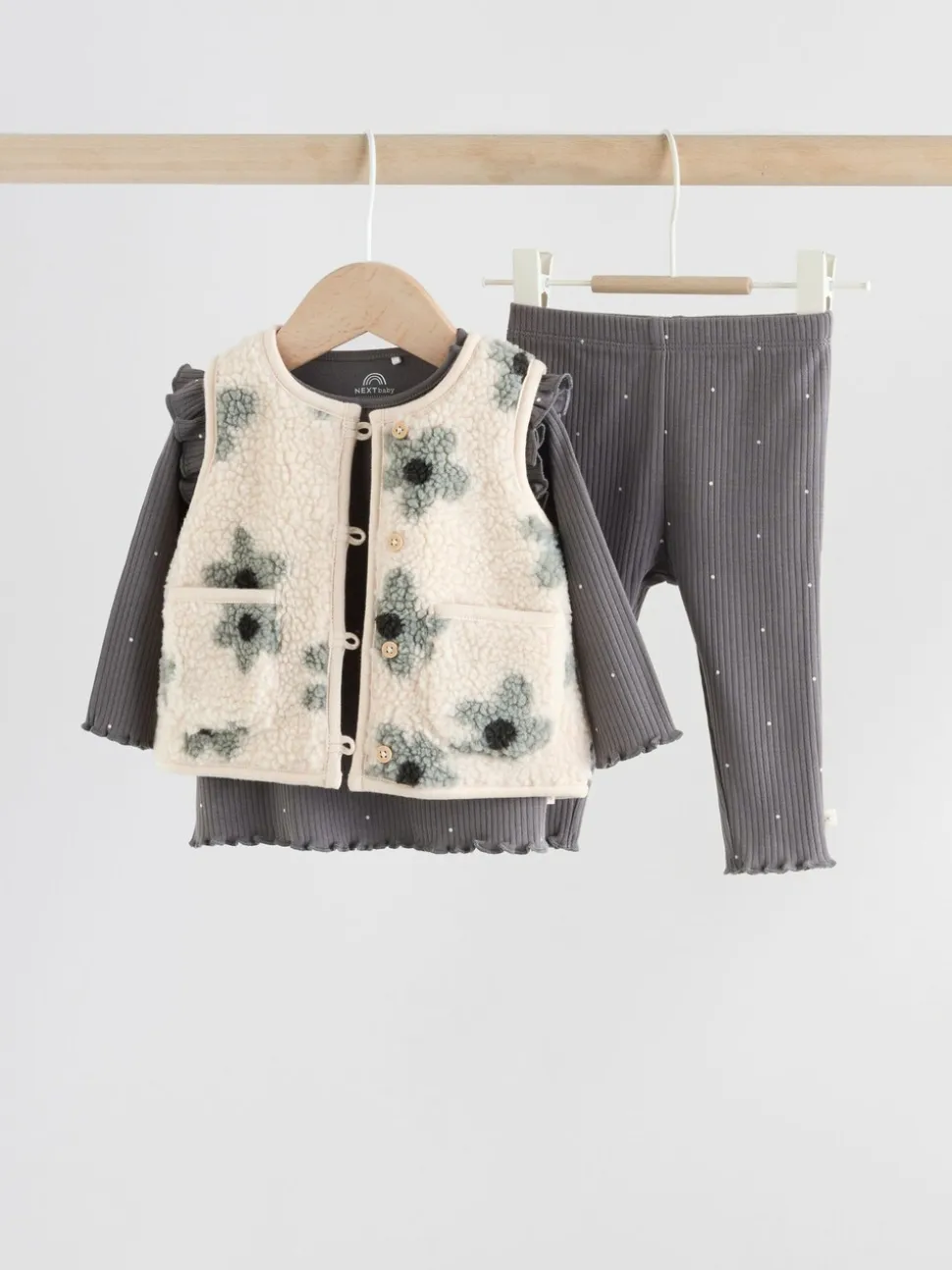 Grijs met bloemen - Babyset van top met Lange mouwen en Leggings met Bodywarmer 3 -delig (0mnd -2jr)