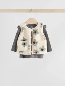 Grijs met bloemen - Babyset van top met Lange mouwen en Leggings met Bodywarmer 3 -delig (0mnd -2jr)