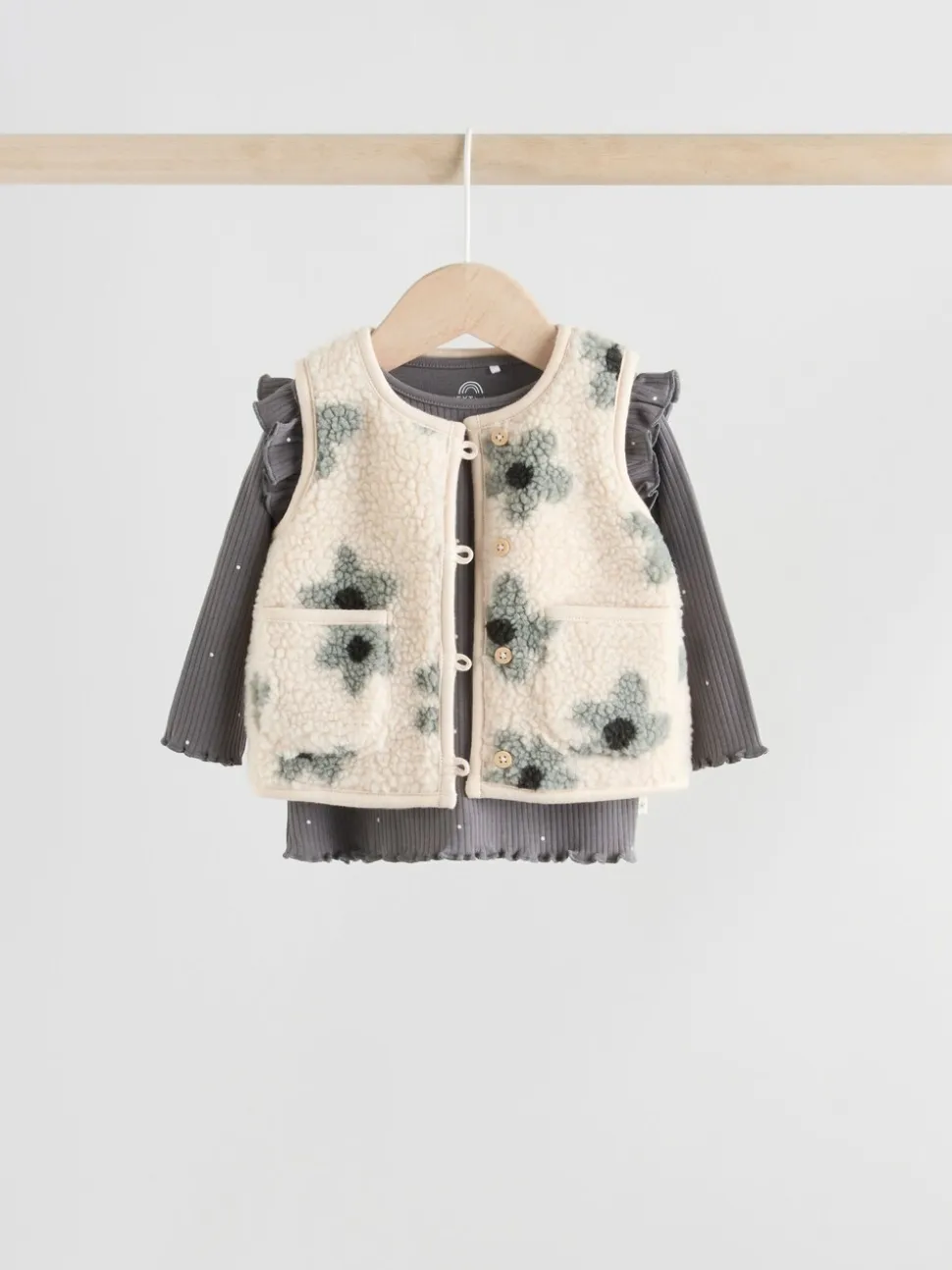 Grijs met bloemen - Babyset van top met Lange mouwen en Leggings met Bodywarmer 3 -delig (0mnd -2jr)