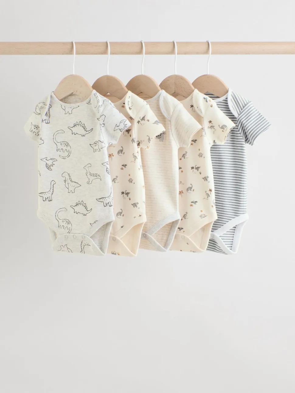 Grijs met dinoprint - Set van 5 babyrompertjes met korte mouwen