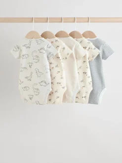 Grijs met dinoprint - Set van 5 babyrompertjes met korte mouwen