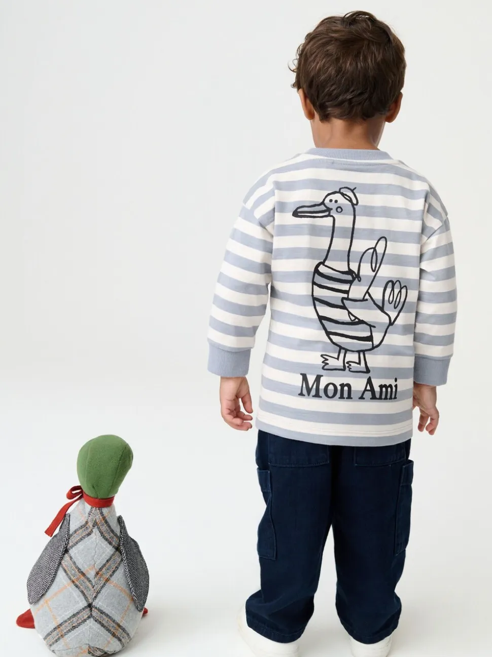 Grijs met eendjes - T-shirt met lange mouwen en print op de rug (3mnd -8jr)