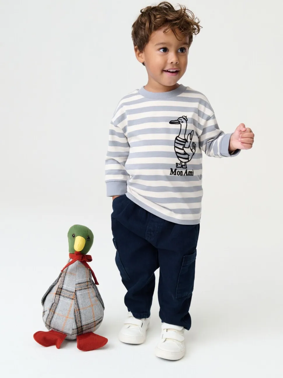 Grijs met eendjes - T-shirt met lange mouwen en print op de rug (3mnd -8jr)
