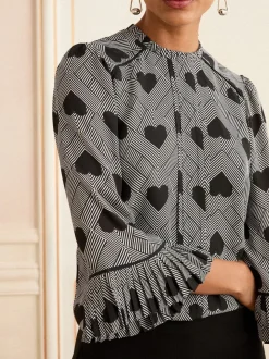 Grijs met hartjesprint - Love & Roses Crew Neck Pleated Flute Sleeve Blouse