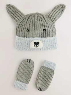 Grijs met hond - Hat & Mittens 2 Piece Set (3mths-6yrs)