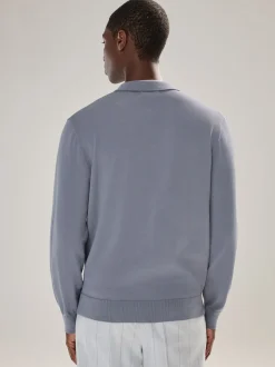 Grijsblauw - Normale Pasvorm - Katoenrijk gebreid poloshirt met lange mouwen