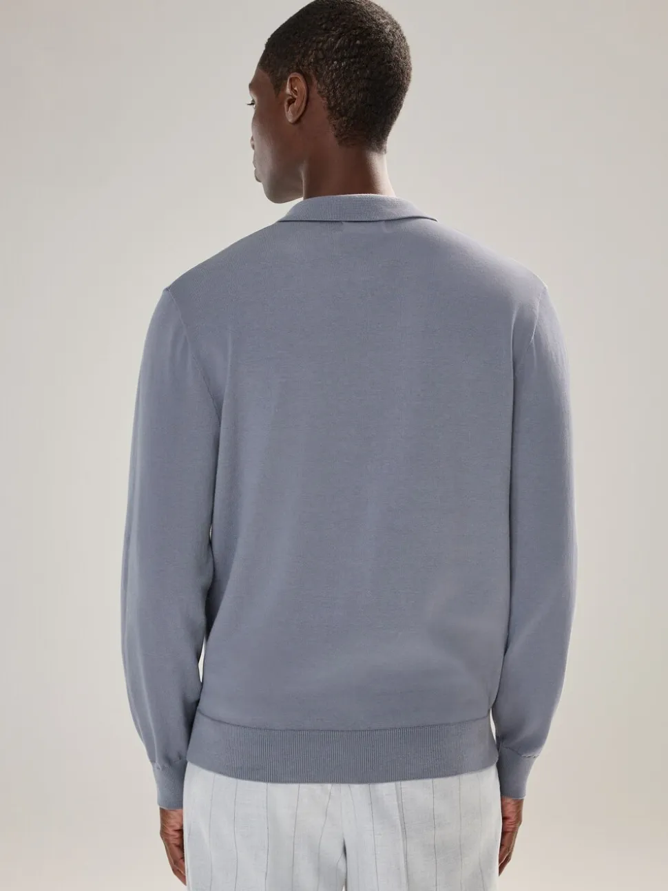 Grijsblauw - Normale Pasvorm - Katoenrijk gebreid poloshirt met lange mouwen