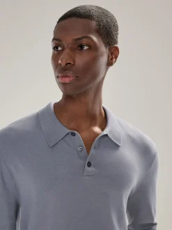 Grijsblauw - Normale Pasvorm - Katoenrijk gebreid poloshirt met lange mouwen