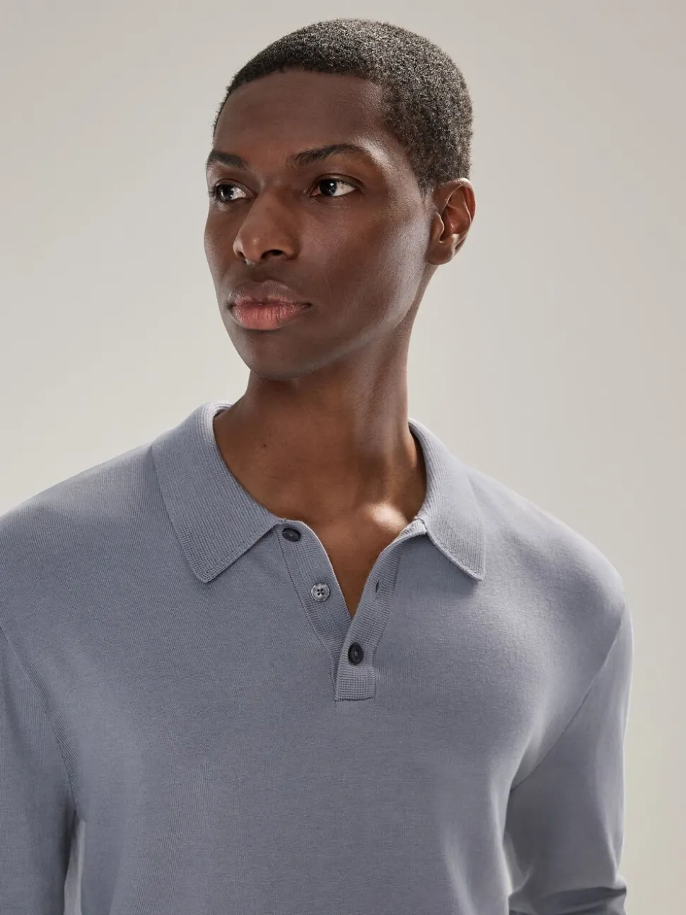 Grijsblauw - Normale Pasvorm - Katoenrijk gebreid poloshirt met lange mouwen