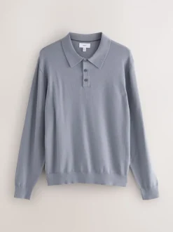 Grijsblauw - Normale Pasvorm - Katoenrijk gebreid poloshirt met lange mouwen