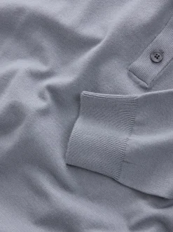 Grijsblauw - Normale Pasvorm - Katoenrijk gebreid poloshirt met lange mouwen
