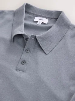 Grijsblauw - Normale Pasvorm - Katoenrijk gebreid poloshirt met lange mouwen