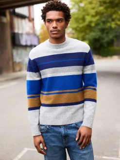 Grijs/blauw - Regular Fit Cosy Stripe Crew Jumper with Wool