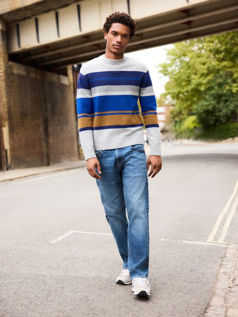 Grijs/blauw - Regular Fit Cosy Stripe Crew Jumper with Wool